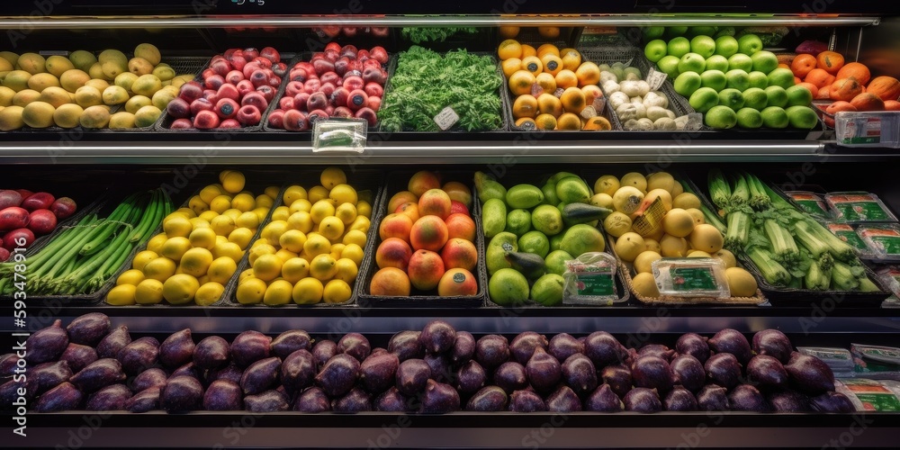 Vibrant Produce on Display in Modern Supermarket with Fresh Fruits and Vegetables AI generated