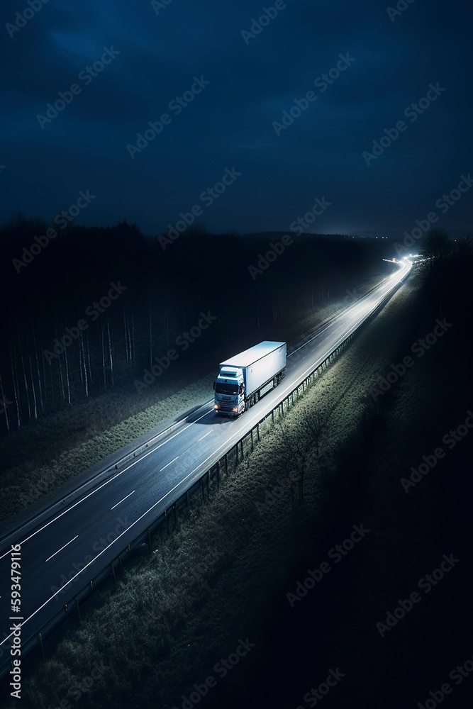 illustration, truck on the road at night, ai generative.