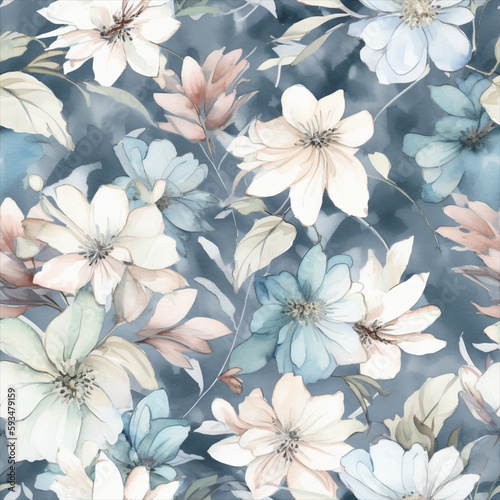 Seamless watercolor floral patterns  with flowers and foliage. Japanese abstract style. Use for wallpapers  backgrounds  packaging design  or web design.