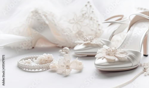  Wedding Shoes and Accessories on White Background AI generated