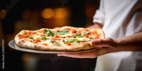 Chef hands holding a freshly baked pizza on blurred background close-up. Pizzeria. Digital  art