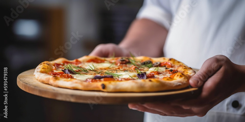 Chef hands holding a freshly baked pizza on blurred background close-up. Pizzeria. Digital art