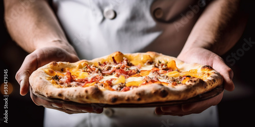 Chef hands holding a freshly baked pizza on blurred background close-up. Pizzeria. Digital art