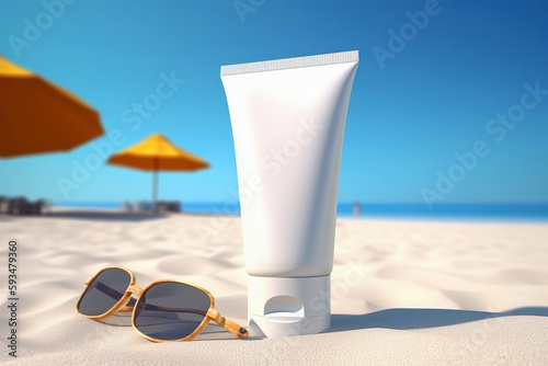Blank empty white plastic tube. Sunscreen lotion on sandy beach, summer composition with sunglasses, blue sea as background, copy space. Summer vacation and skin care concept, spf uv-protect cosmetic.