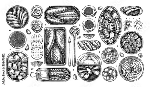Seafood drawings set. Hand-drawn tinned fish sketches. Sardines, anchovy, mackerel, tuna, mussels in tin cans, fish canapes, olives, crackers black outlines. Vintage food vector illustration set