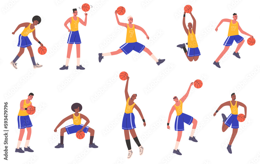 Cartoon basketball players. Professional athletes characters. Streetball sportsman in shorts and t-shirts with numbers. Basketballer keeping ball. Vector isolated sport persons set
