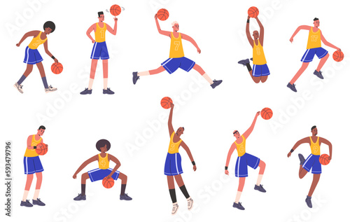 Cartoon basketball players. Professional athletes characters. Streetball sportsman in shorts and t-shirts with numbers. Basketballer keeping ball. Vector isolated sport persons set