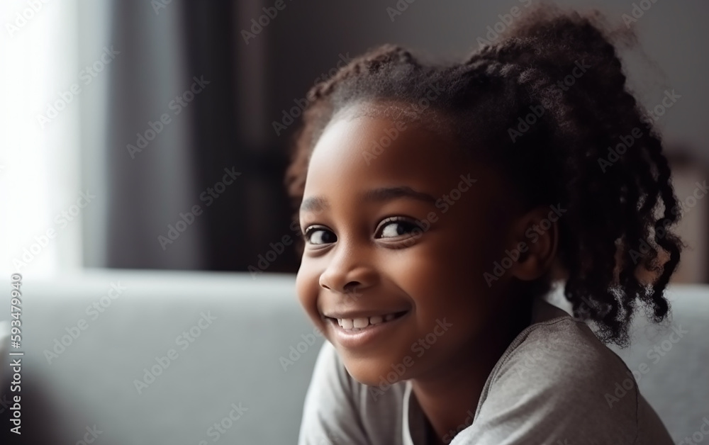 Dark-skinned black african american girl smiling portrait at home. Happy child. Cute kid. Generative AI Dark-skinned black african american girl smiling portrait at home. Happy child. Cute kid. Generative AI