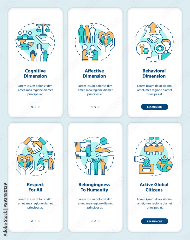Global citizenship education onboarding mobile app screen set. GCED walkthrough 3 steps editable graphic instructions with linear concepts. UI, UX, GUI template. Myriad Pro-Bold, Regular fonts used