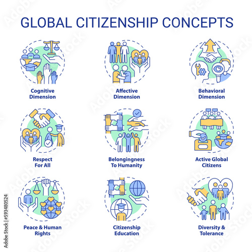 Global citizenship concept icons set. Inclusive society. Sustainable development idea thin line color illustrations. Isolated symbols. Editable stroke. Roboto-Medium, Myriad Pro-Bold fonts used photo