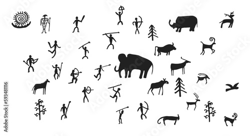 Cave painting prehistoric rock art hand drawn sketch style vector illustration set. Rock age cave paintings set with prehistoric wild animals, tribal people and village buildings.