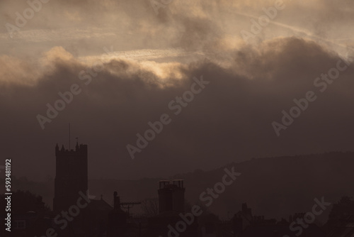 Early morning, misty view across the rooftops. Moretonhampstead, Devon