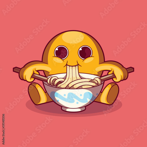 Emoji character eating a bowl of ramen with chopsticks vector illustration. Food, funny, brand design concept.