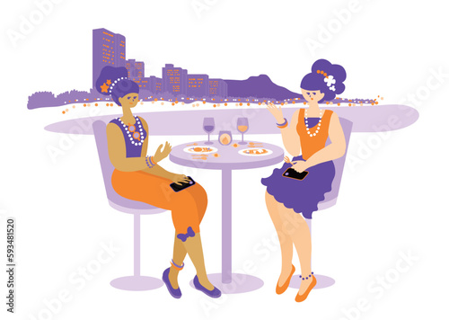 ベクターイラスト：旅行先のテラス席で食事を楽しむ女性たち_travel_girls_Gourmet © すな 海山