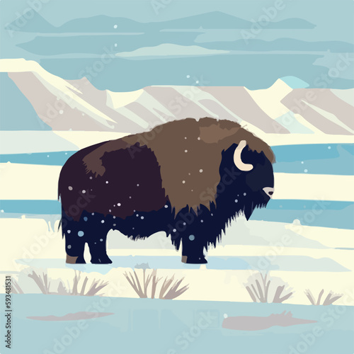 Muskox in snowy terrain. Arctic animals in natural habitat. Flat vector illustration concept. Generative AI