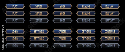 Art deco fantasy game interface button vector set. Ui animation elements for rpg with gold border. 1920s elegant title with border for mobile menu or popup design. Cancel or start pressed click sprite