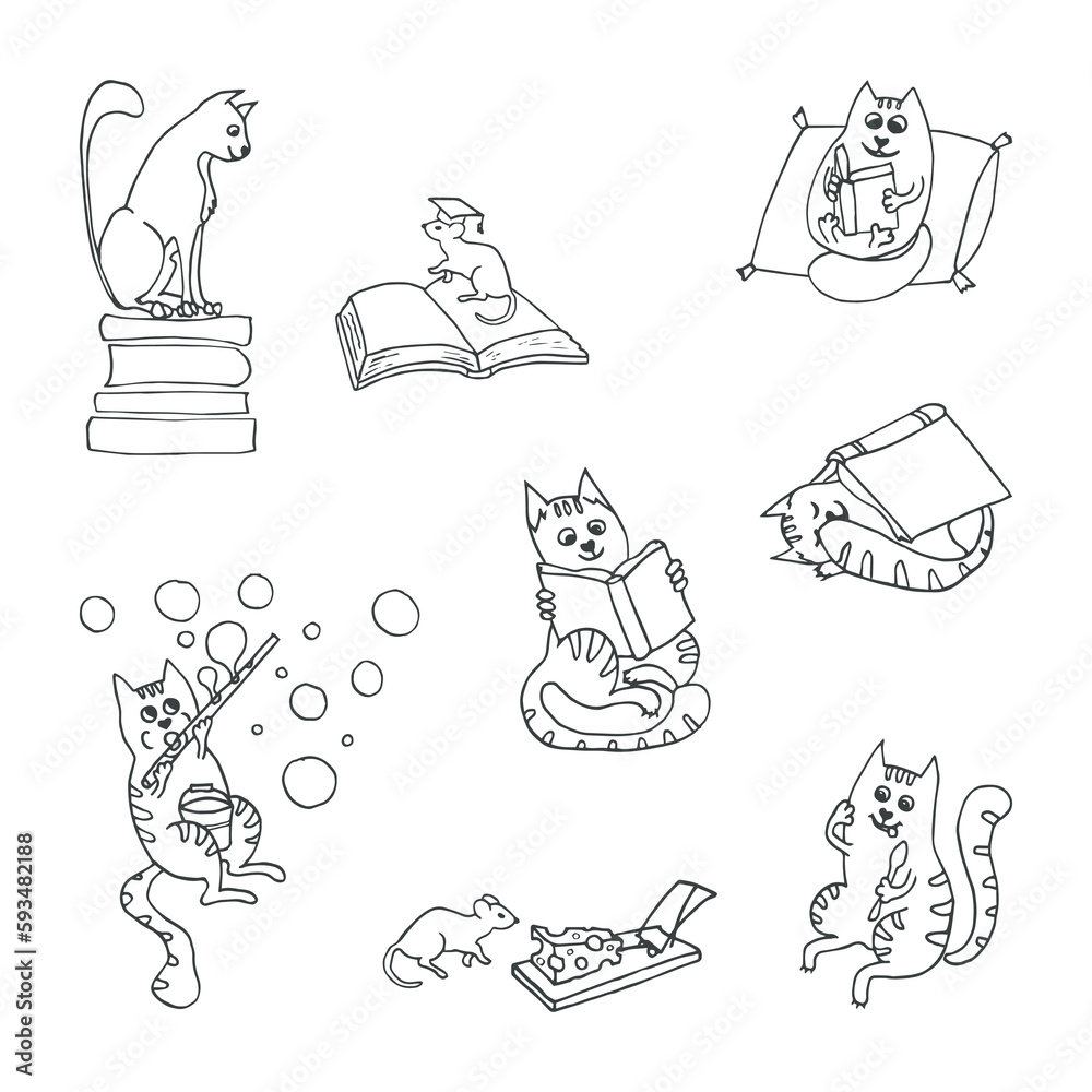 vector illustration of set with funny cats. Hand drawn black and white
