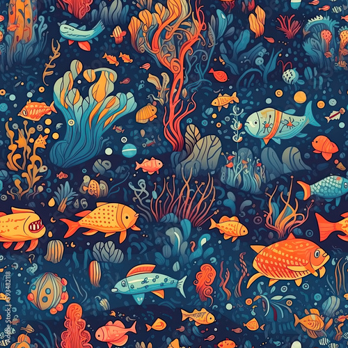 sea background with seamless pattern with fish and tropical algae in ocean at bottom. Generative AI illustration