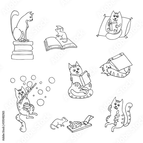 vector illustration of set with funny cats. Hand drawn black and white cats