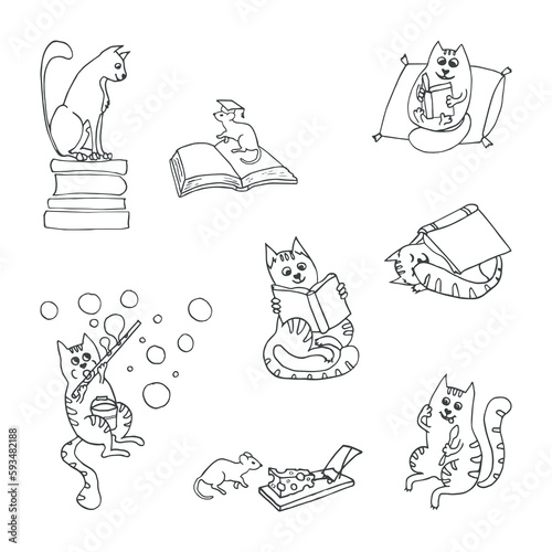 vector illustration of set with funny cats. Hand drawn black and white cats