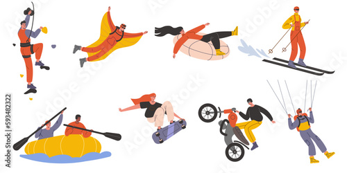 Extreme sport. People looking for thrills. Dangerous activities types. Adrenaline rush. Skydiving or skateboarding. Ski race. Motorsport or mountaineering. Adventurous persons vector set