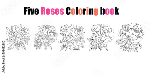  Beautiful Five Roses Flower Coloring book  hand drawn vector 