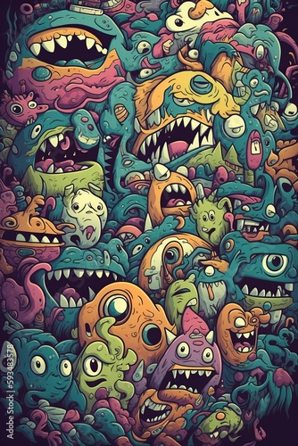illustration, many monsters of multiple colors, generative ai