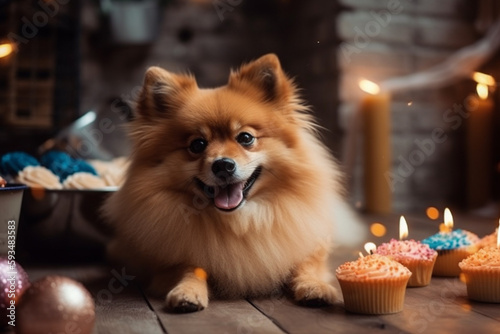 Cute happy puppy spitz dog showing tongue and smiling, celebrating birthday, dog wearing birthday hat. Generative AI