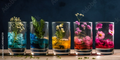 colorful flower and herbs in glass cups,