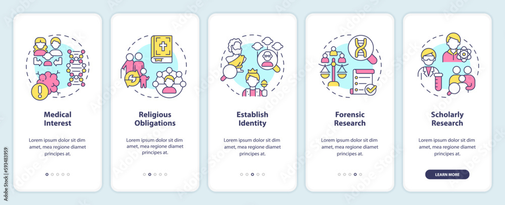 Genealogical research motivation onboarding mobile app screen. Walkthrough 5 steps editable graphic instructions with linear concepts. UI, UX, GUI template. Myriad Pro-Bold, Regular fonts used