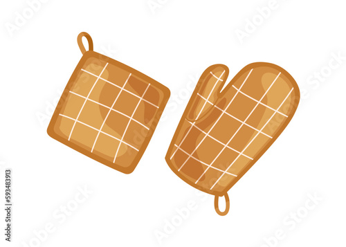 Oven glove and potholder. Bakers mitten for heat protection. Hot pot holders, mitt. Textile safety tacks, protective pads for baking, cooking. Flat vector illustration isolated on white background