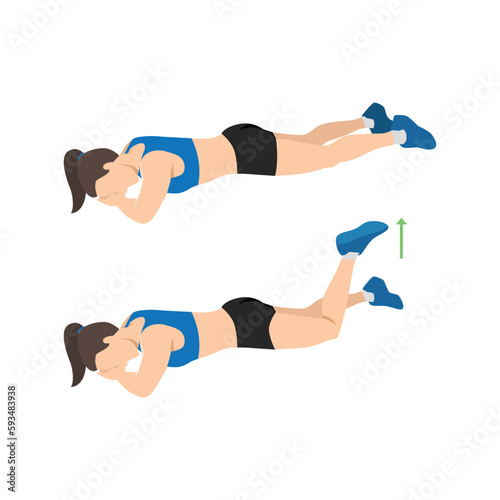 Woman doing prone or lying knee bends exercise. Flat vector