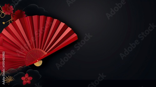 illustration, red fan on dark background, ai generative.