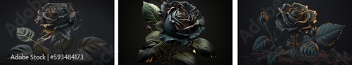 Set of beautiful gothic black roses. Rose flower collage decorative art illustration generative ai 