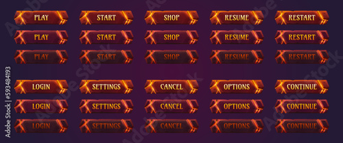 Fantasy lava game button vector cartoon ui interface set. Magic animation sprite glow elements with title gui kit. Medieval hot sign popup to play, start, restart and options frame pressed label pack.