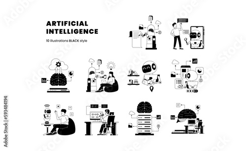 Artificial Intelligence future technology with robot machine learning computation to help human task illustration set with black color style for ui webpage