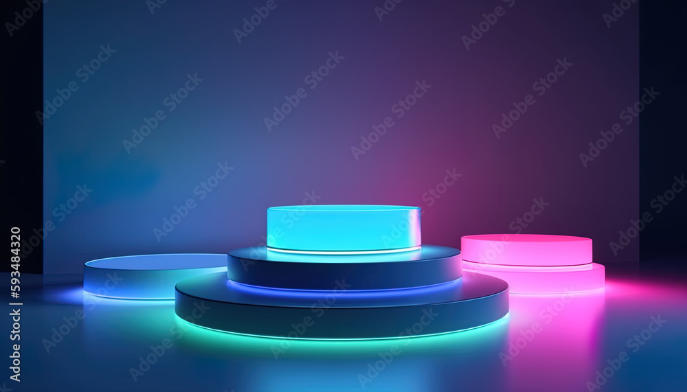 Empty futuristic podium with neon lights for product presentation. Template, mockup Empty futuristic podium with neon lights for product presentation. Template, mockup