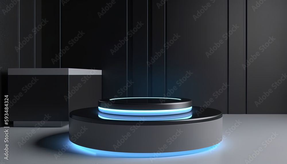 Empty futuristic podium with neon lights for product presentation. Template, mockup Empty futuristic podium with neon lights for product presentation. Template, mockup