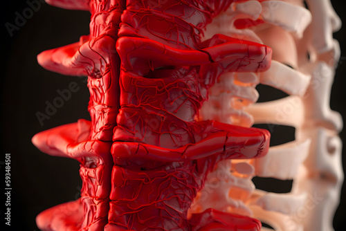 Abstract reconstruction computer tomography or CT image showing pedicle screw in a patient underwent transforaminal lumbar interbody fusion or MIS TLIF, patient back pain and sciatica. Generative AI. photo