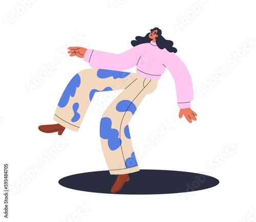 Person falling down into black pit. Unlucky unhappy woman falls in hole, abyss, trap. Failure, problem, misfortune, crisis, risk concept. Flat vector illustration isolated on white background