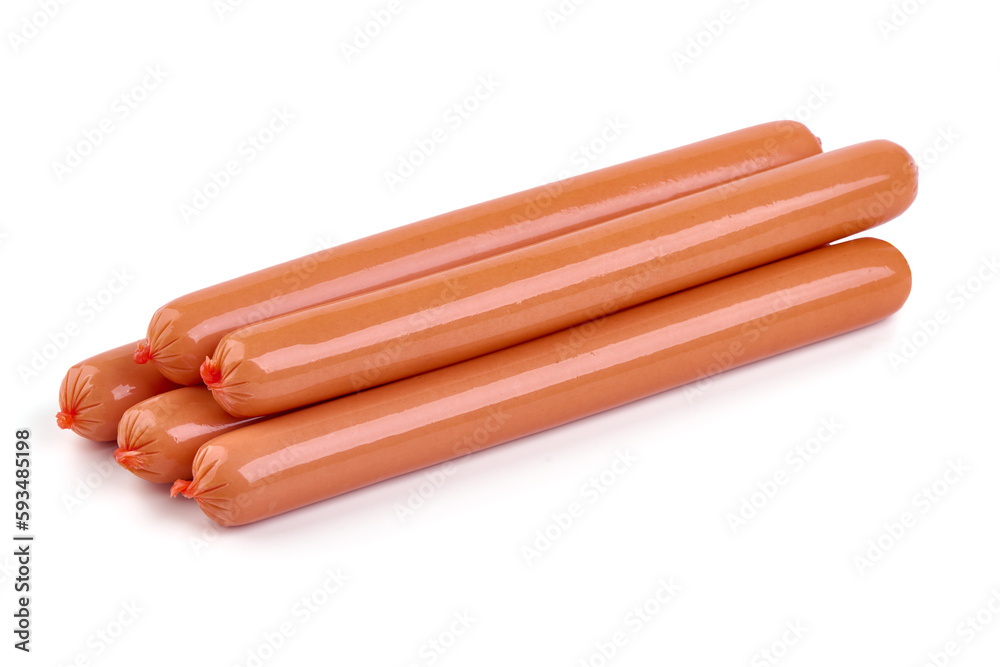 Frankfurter fresh sausages with basil, close-up, isolated on white background. Frankfurter fresh sausages with basil, close-up, isolated on white background.
