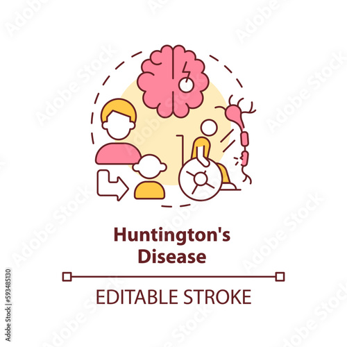 Huntington disease concept icon. Brain disorder. Gene mutation. Hereditary disease abstract idea thin line illustration. Isolated outline drawing. Editable stroke. Arial, Myriad Pro-Bold fonts used