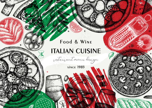 Italian cuisine artistic background. Hand drawn pizza, pasta and risotto frame in collage style. Mediterranean food menu design template. Food ingredient sketches