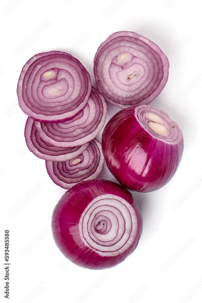 Red onion bulbs with slices, isolated on white background. Red onion bulbs with slices, isolated on white background.