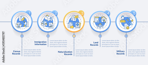 Family research records blue circle infographic template. Data visualization with 5 steps. Editable timeline info chart. Workflow layout with line icons. Lato-Bold, Regular fonts used