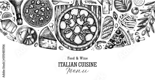 Hand drawn pizza, pasta and risotto vector background. Italian cuisine border. Mediterranean food ingredients - cheese, olives, canape, tinned fish. Trendy menu design template