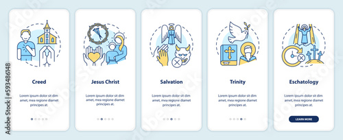 Christian beliefs onboarding mobile app screen. Statements walkthrough 5 steps editable graphic instructions with linear concepts. UI, UX, GUI template. Myriad Pro-Bold, Regular fonts used © bsd studio