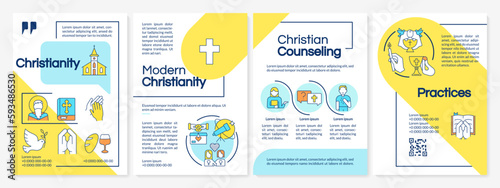 Christianity blue and yellow brochure template. Religious lifestyle. Leaflet design with linear icons. Editable 4 vector layouts for presentation, annual reports. Questrial, Lato-Regular fonts used