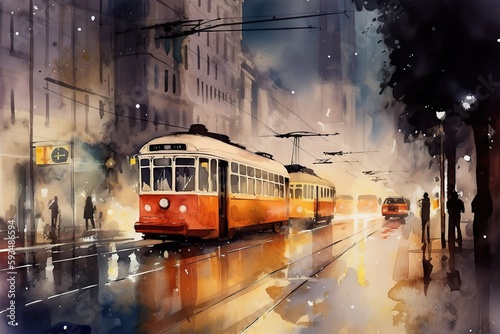Watercolor painting of beautiful city. Landmark painting with colorful buildings, city transport, house, restaurant, cafe, plants, brick, tram, walkway, and rainy day for print, generative AI