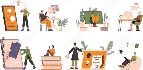 Online education scenes. People study remotely through applications or websites. Diploma obtaining. Distant examination. Graduation certificates. Internet library. Vector e-learning set